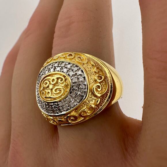Gold and Silver Statement Ring with Ancient Motif - Size 7.5 - Picture 2 of 12